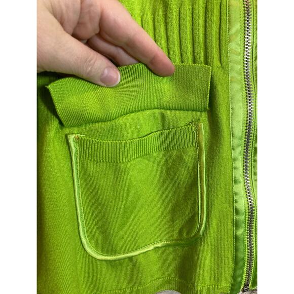 AVA Sweater Womens Large Neon Green Full Front Zip Up Satin Cowl Neck Cardigan - Picture 11 of 12